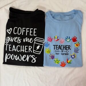 Lot of 2 Teacher Graphic T-Shirts Black Blue Tiny Humans Coffee Powers Womens XL